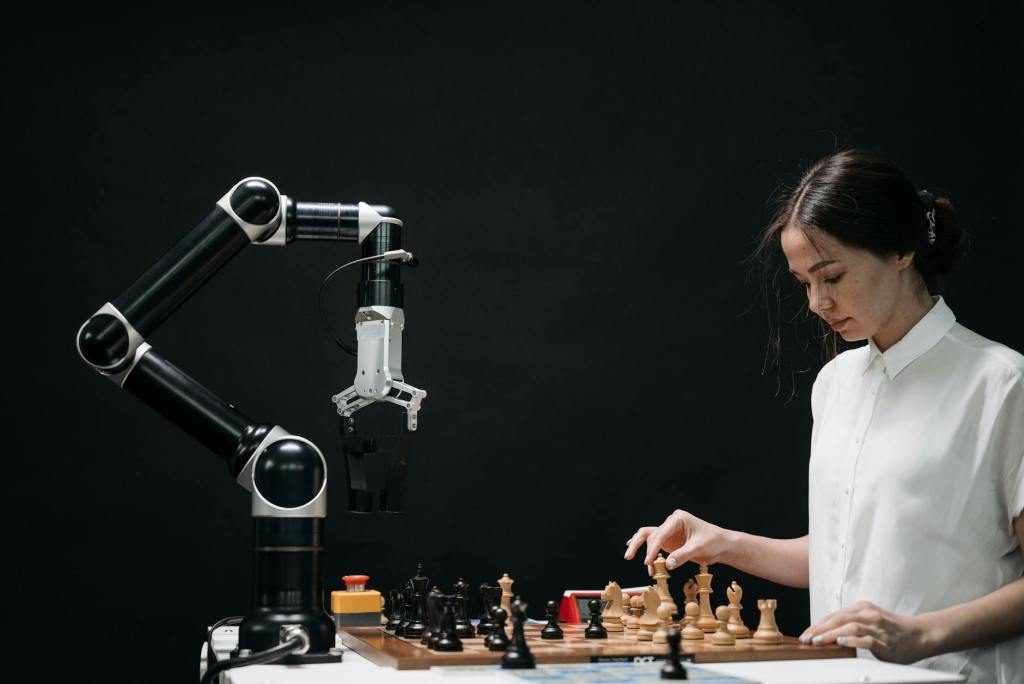 woman in white shirt playing chess against a robot