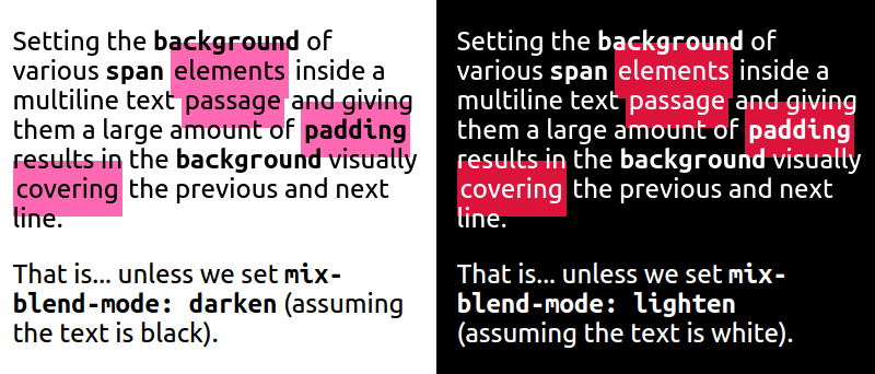 Screenshot showing a multi-line paragraph with isolated words highlighted by being wrapped in spans that get a background contrasting with both the backdrop and the text. Both the light theme case (left, black text, white backdrop, pink highlight) and the dark theme case (right, white text, black backdrop, crimson highlight) are included. The highlights expand out quite a bit outside the words they're meant to pop, overlapping some of the neighbouring ones, but they always show behind the text.
