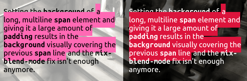 Screenhot showing a multi-line paragraph with a long portion highlighted by being wrapped in a span that gets a background contrasting with both the backdrop and the text. Both the light theme case (left, black text, light image backdrop, pink highlight) and the dark theme case (right, white text, dark image backdrop, crimson highlight) are included. The highlights expand out quite a bit outside the portion they're meant to pop, overlapping some of the neighbouring words and lines, yet they always show behind text on the previous line that's also wrapped in the same span. Unfortunately, not also below the text of the paragraph before this long rapping span.