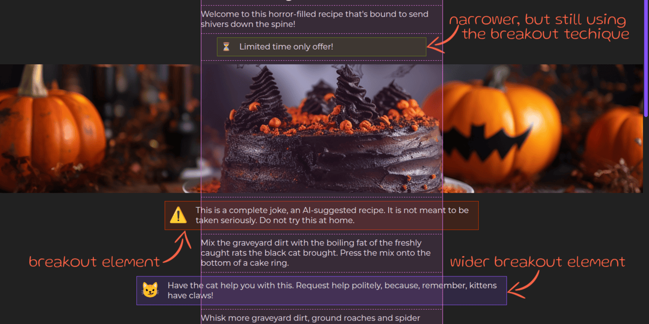Screenshot. Shows a middle aligned grid with a single column and multiple rows, something that's highlighted by the DevTools-enabled grid overlay. One of these rows has a full-bleed image that expands all across the entire available page width (the viewport width minus any vertical scrollbars we might have). On other rows, we have breakout boxes that are not the same width as their grid cells, but are not wide enough to be full-bleed. Most of these boxes are wider than their containing grid cells, but one is narrower.