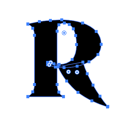 The same letter R as above except with blue points showing off the vector points of the letterform. Screenshot from Adobe Illustrator. 