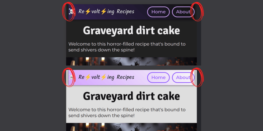 Screenshot collage. Shows the top area of the page with the header in both the dark and light theme cases at a narrow viewport width of 400px. It also highlights the fact that the header's full-bleed background isn't quite full-bleed, but stops a tiny distance away from the lateral sides.