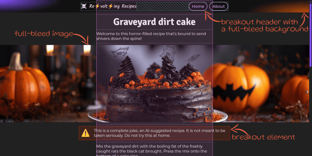 Screenshot. Shows a middle aligned grid with a single column and multiple rows, something that's highlighted by the DevTools-enabled grid overlay. On the very first row, we have a breakout header (wider than its containing grid cell, but not wide enough to be full-bleed) with a solid full-bleed multi-gradient, filtered background. On other rows, we have full-bleed elements that expand all across the entire available page width (the viewport width minus any vertical scrollbars we might have). On other rows, we have breakout boxes.