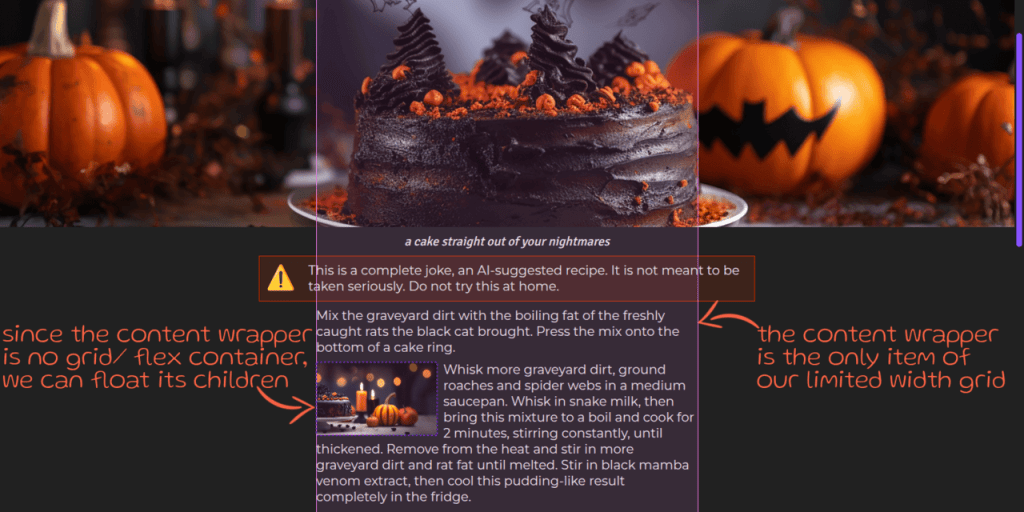 Screenshot. Shows a middle aligned grid with a single column and multiple rows, something that's highlighted by the DevTools-enabled grid overlay. This grid has a single grid child that is tightly fit inside its containing column and acts as a wrapper for full-bleed elements, breakout boxes (wider than their containing grid cells, but still not wide enough to be full-bleed on wide screens), combinations of these like a breakout header with a full-bleed background. But this wrapper also allows its children to be floated.
