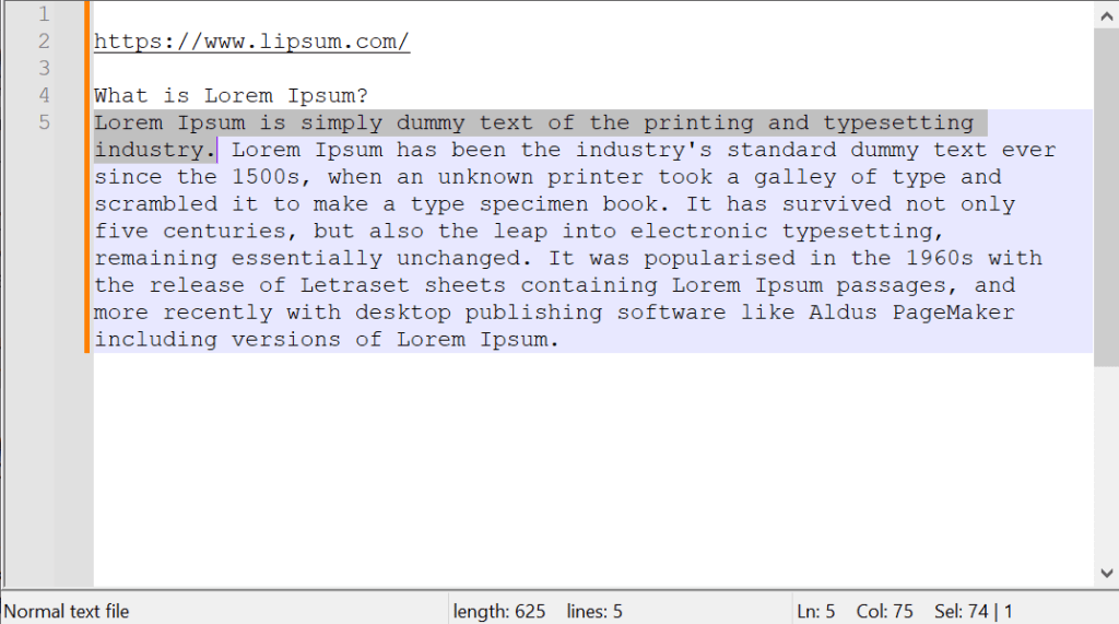 A screenshot of a text editor displaying an excerpt about Lorem Ipsum, highlighting the text in yellow and showing line and character counts.