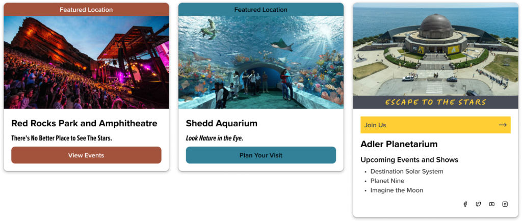 Three card components showcasing different featured locations with images, titles, descriptions, and action buttons.