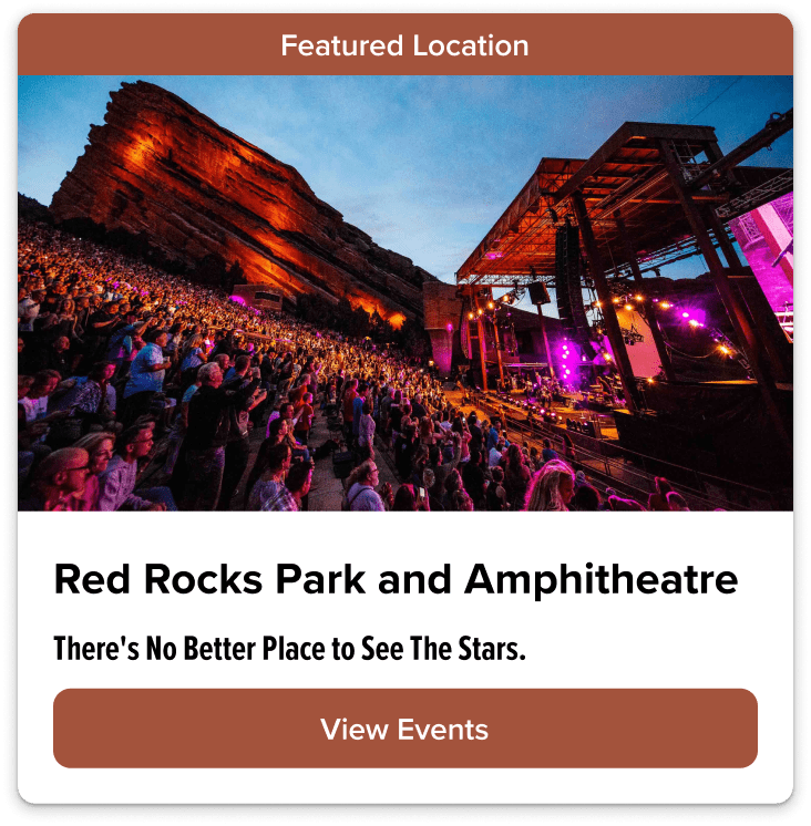 A card showcasing Red Rocks Park and Amphitheatre with a featured location banner, a vibrant image of a concert, title, description, and a button inviting users to view events.