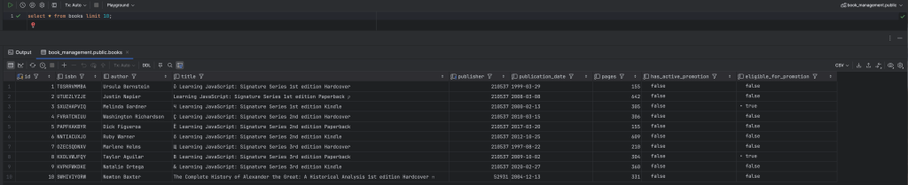 Screen capture of a SQL query displaying the first 10 rows from a 'books' table, showing columns for ID, title, author, publisher, publication date, pages, and promotional status.