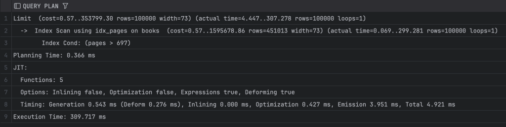 Execution plan for a SQL query showing details of the index scan on a books table, including row counts and execution time.