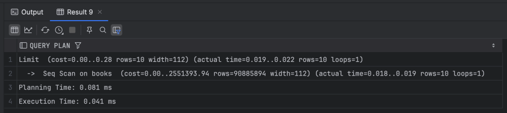 Database query execution plan showing a limit of 10 rows retrieved from the books table through a sequential scan, with specific cost and time metrics.