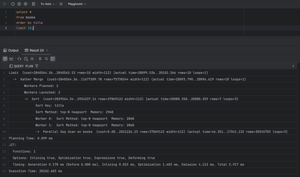 Screenshot of a SQL query inputted in a database IDE showing a query to select the first 10 books ordered by title, along with the execution plan output detailing the performance metrics.