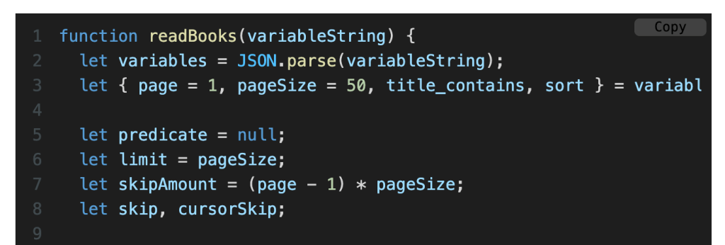 Code snippet of a JavaScript function named readBooks that processes a variable string to manage pagination and filtering for a list of books.