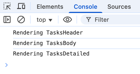 Console log showing rendering messages for TasksHeader, TasksBody, and TasksDetailed components.