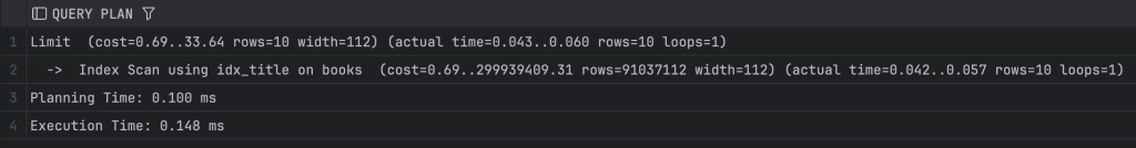 Query execution plan showing a limit on the number of rows retrieved using an index scan on the 'books' table, indicating planning and execution times.