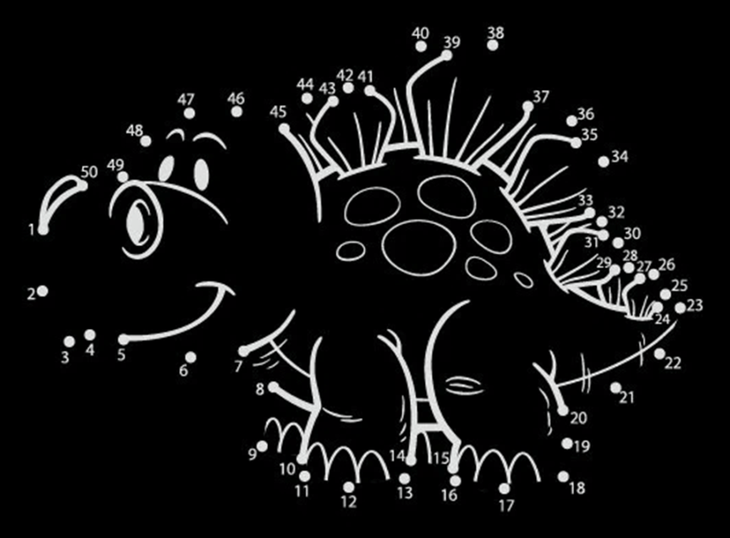 A connect-the-dots illustration of a dinosaur character, featuring numbered dots in a sequence, set against a black background.