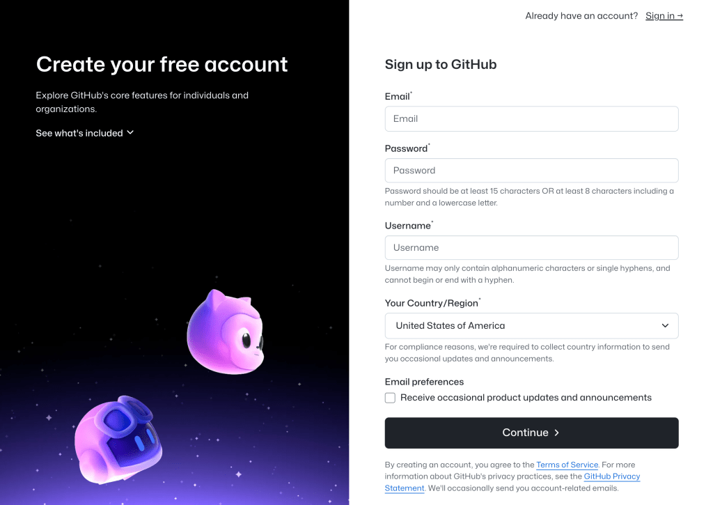 GitHub sign-up page showing fields for email, password, username, country/region, and email preferences, with a dark background and cartoonish character icons.