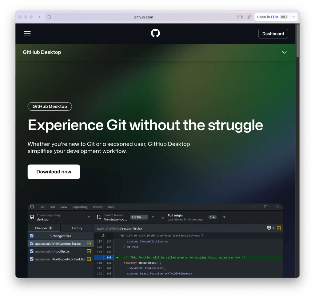 Screenshot of the GitHub Desktop application showcasing the interface with an emphasis on simplifying the Git workflow.