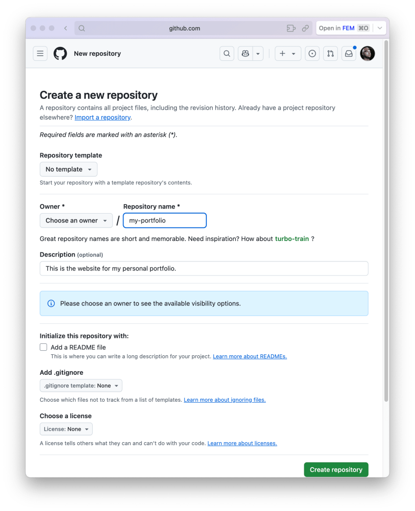 Screenshot of the GitHub interface for creating a new repository, featuring fields for repository name, description, and options for initializing and licensing.