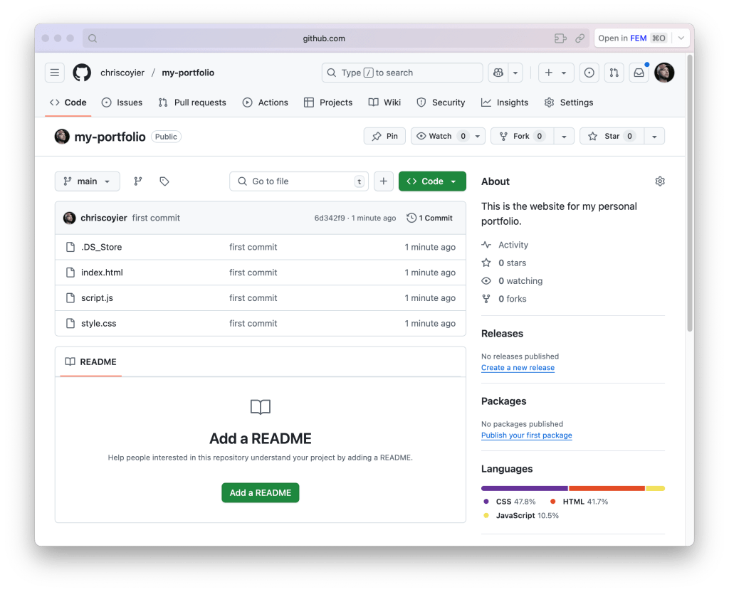 Screenshot of a GitHub repository showing a personal portfolio project with files including index.html, script.js, and style.css, along with commit history and repository details.