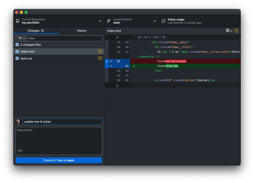 Screenshot of a GitHub Desktop interface showing changes in HTML and CSS files, highlighting modifications to the text 'Frontend Developer' to 'Front-End Dev' with a commit message field.