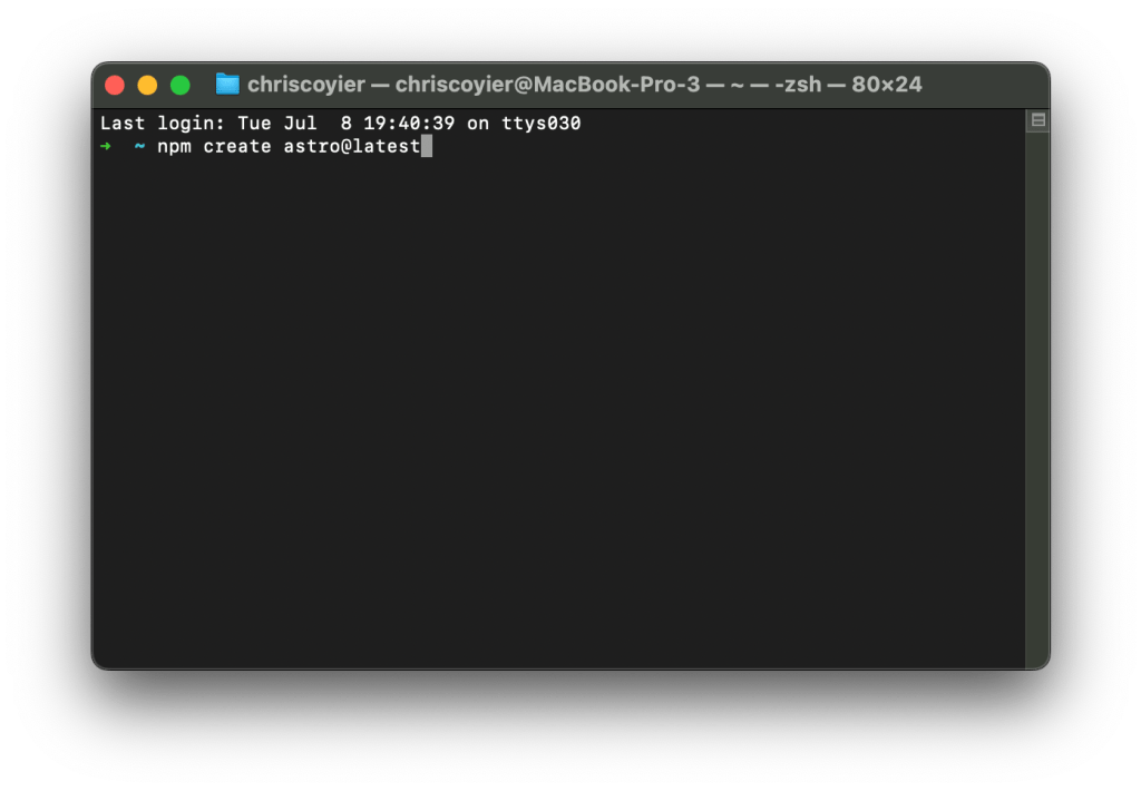 A terminal window displaying a command prompt with the last login time and a command to create an Astro project using npm.