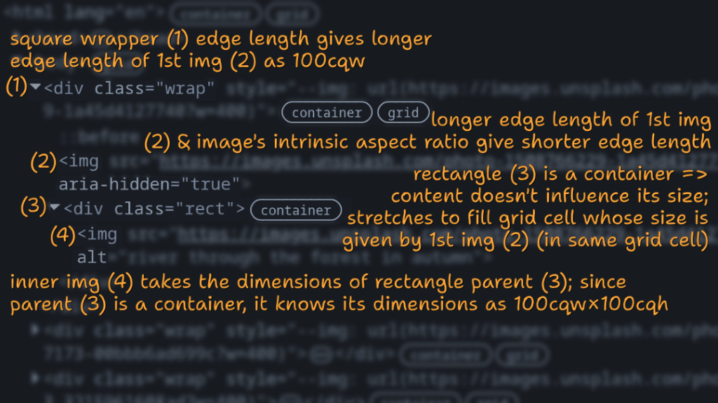 DevTools screenshot, showing the HTML: 1, a wrapper .wrap that has a `grid` layout and is an inline `container`; 2, its first child, an `img` element with `aria-hidden` set to `true`; 3, the second wrapper child and the sibling of the first `img`, a rectangular `div` box called `.rect`, which is also a `container`; 4, an inner `img` that's a child of the `.rect`. The sizing computation sequence is as follows: square wrapper (1) edge length gives longer edge length of 1st `img` (2) as `100cqw`; longer edge length of 1st `img` (2) & image's intrinsic aspect ratio give shorter edge length; rectangle `.rect` (3) is a `container` => content doesn't influence its size; stretches to fill grid cell whose size is given by 1st `img` (2) (occupying same `grid-area`); inner `img` (4) takes the dimensions of rectangle `.rect` parent (3); since parent (3) is a `container`, it knows its dimensions as `100cqw×100cqh`.